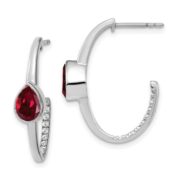 14k White Gold Pear Created Ruby & Diamond J-Hoop Earrings